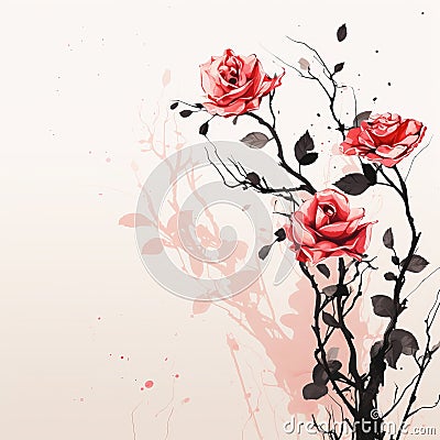 Abstract Rose Branch Painting On Beige Background Stock Photo