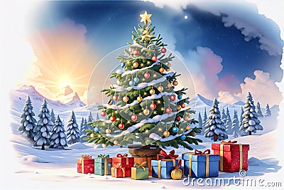 Stunning Watercolor Masterpiece of Christmas. Ai generated Cartoon Illustration
