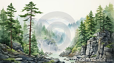 Misty Watercolor Illustration Of Chinese Forest: Vancouver School Inspired Stock Photo