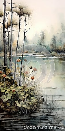 Misty Watercolor Illustration Of Heron By Pond With Waterlily Stock Photo