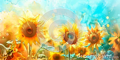 Stunning watercolor of sunflowers against a soft pastel background, evoking warmth and cheerfulness. Generative AI Stock Photo