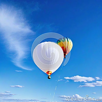 A stunning white hotr balloon with rainbow colors floating on a blue Cartoon Illustration