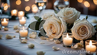 A stunning white rose banquet, soft candlelight dances off the glistening petals Stock Photo