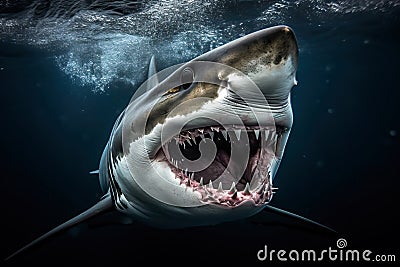 Stunning White shark attacking with big open mouth and teeth. Amazing wildlife. Generative Ai Stock Photo