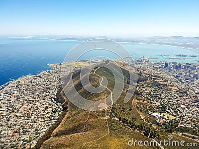 Stunning wide angle aerial drone view of Signal Hill and the suburbs of Mouille Point and Green Point Stock Photo