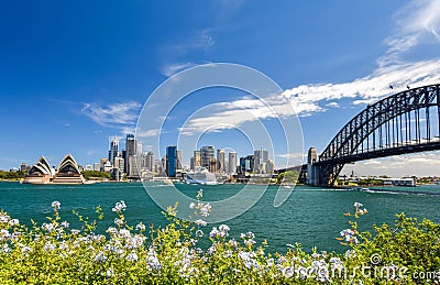 Stunning wide angle city skyline view of the Sydney CBD harbour area at Circular Quay with the opera and the harbour bridge Stock Photo