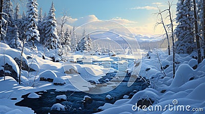 Winter Wonderland: A Breathtaking Digital Illustration Of A Snowy River In Quebec Stock Photo