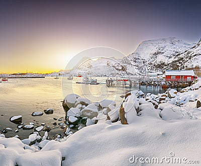 Stunning winter scenery of Moskenes village with ferryport Stock Photo