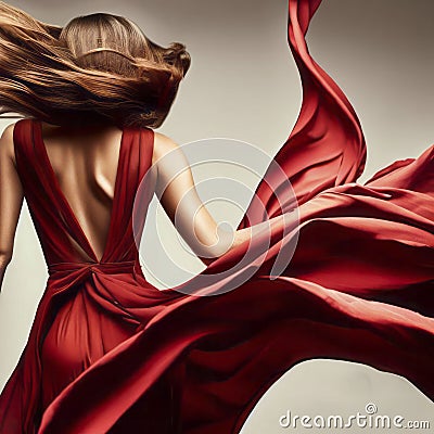 Stunning woman a beautiful red dress, fashion model waving flying fabric, lady in a glamorous outfit, generative AI Cartoon Illustration