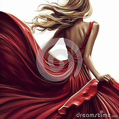 Stunning woman a beautiful red dress, fashion model waving flying fabric, lady in a glamorous outfit, generative AI Cartoon Illustration