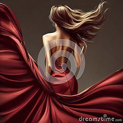 Stunning woman a beautiful red dress, fashion model waving flying fabric, lady in a glamorous outfit, generative AI Cartoon Illustration