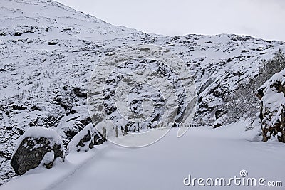 Stunningly beautiful winter view of Norwegian road Stock Photo