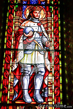 Stunningly detailed stained glass window in a church in Barcelona, Spain Editorial Stock Photo