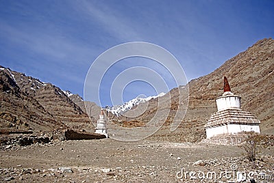 Stupas in the mountains, Ladakh, India Stock Photo