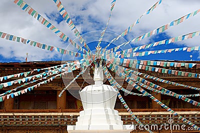 Stupas with Tibet flag in a temple Stock Photo