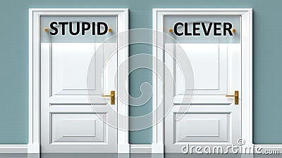 Stupid and clever as a choice - pictured as words Stupid, clever on doors to show that Stupid and clever are opposite options Cartoon Illustration