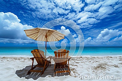 Sturdy Beach chairs umbrella. Generate Ai Stock Photo