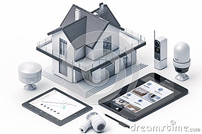 Sturdy wireless networks and scenario automation integrate with real-time cameras and alarms for dynamic security protection. Cartoon Illustration