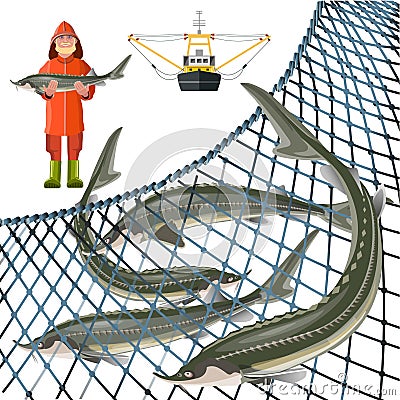 Sturgeon fishing set Vector Illustration
