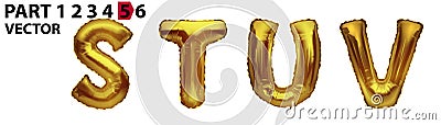 STUV gold foil letter balloons on white background. Golden alphabet balloon logotype, icon. Metallic Gold STUV Balloons. Text for Vector Illustration