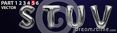 STUV silver foil letter balloons on dark background. Silver alphabet balloon logotype, icon. Metallic Silver STUV Balloons. Text Vector Illustration