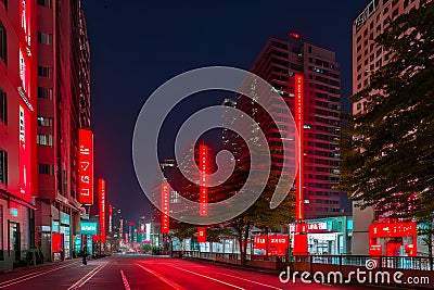 style city street at night trees generated by ai Stock Photo