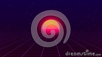 Style 80s d'animation de boucle arrière-plan rétro. paysage d'horizon rétro futuriste avec le soleil et le néon grille légère 3dre illustration de vecteur Style 80s d'animation de boucle arrière-plan rétro. paysage d'horizon rétro futuriste avec le soleil et le néon grille légère 3dre illustration de vecteur