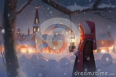 A girl is standing by a lighted lantern in a snowy scene, Generative AI Cartoon Illustration