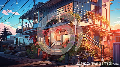 in the style of vivid street scenes, charming anime characters Cartoon Illustration