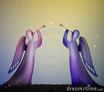 Styled angels with trumpet, winter melody, two angels pink and blu with trumpet, christmas music, Vector Illustration