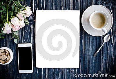 Styled background with coffee, smartphote, roses and magazine co Stock Photo