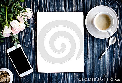 Styled background with coffee, smartphote, roses and magazine co Stock Photo