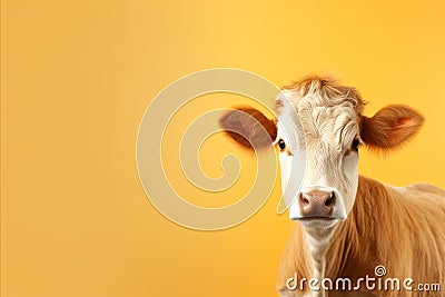 Styled and contented dairy cattle positively posed on isolated pastel color background Stock Photo