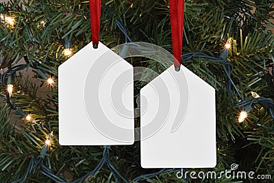 Styled Double Sided Christmas Tag Ornament Mockup on Christmas Tree Stock Photo