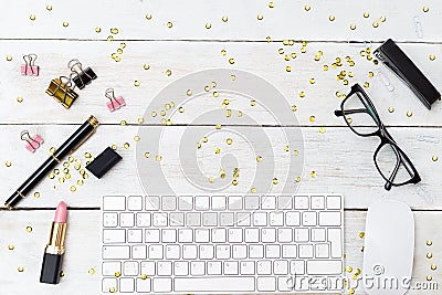 Styled feminine desktop with sparkles and lipstick. Mockup Stock Photo