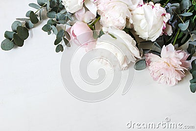 Styled stock photo. Decorative still life floral composition. Wedding or birthday bouquet of pink and white peony Stock Photo