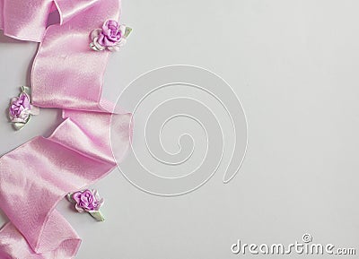 Styled stock photo. Feminine wedding desktop mockup with baby`s breath Gypsophila flowers, dry green eucalyptus leaves, satin Stock Photo