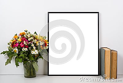 Styled tabletop, empty frame, painting art poster interior mock- Stock Photo