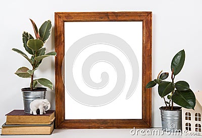 Styled tabletop, empty frame, painting art poster interior mock- Stock Photo