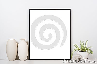 Styled tabletop, empty frame, painting art poster interior mock- Stock Photo