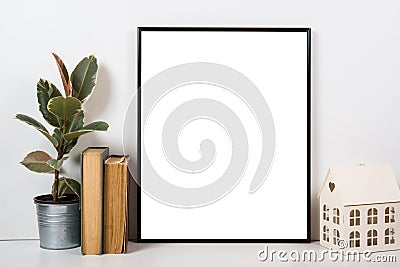 Styled tabletop, empty frame, painting art poster interior mock- Stock Photo