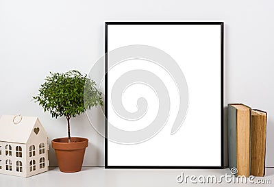 Styled tabletop, empty frame, painting art poster interior mock- Stock Photo