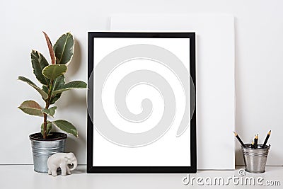 Styled tabletop, empty frame, painting art poster interior mock- Stock Photo