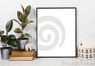 Styled tabletop, empty frame, painting art poster interior mock- Stock Photo