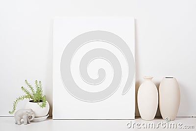 Styled tabletop, empty frame, painting art poster interior mock- Stock Photo