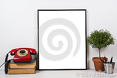 Styled tabletop, empty frame, painting art poster interior mock- Stock Photo