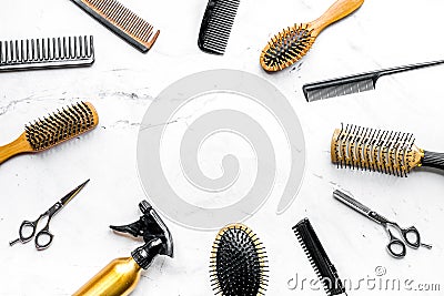 Styling hair with tools in barbershop on white background top view mockup Stock Photo