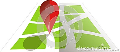 Stylised green map with red GPS dot. Flat design, object on white, design element Vector Illustration