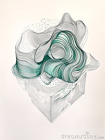 Stylish abstract ink sketch 3 D built from thin, swirling loops that change in size in a balanced way, white background Stock Photo