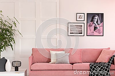 Stylish abstract paining on the wall of trendy living room Stock Photo